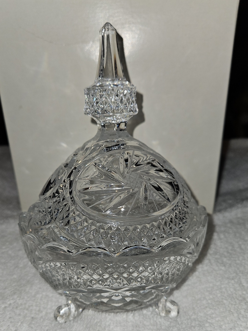 Vintage Crystal Footed Candy Dish with Lid Starburst & Diamond Pattern